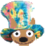 Pixelated cartoon dog head with tie-dye top hat, white eyes, black nose, and brown mouth, displayed in three showing mouth expression changes