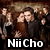 A split-screen image with two distinct sections: top-left shows a group of people in a dimly lit setting with overlaid text "Nii Cho," bottom-left shows a close-up of two people with overlaid text "TWILIGHT!" and a small red heart icon.