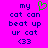 A bright pink background displays pixelated text reading 'my cat can beat up ur cat <33' with a green heart symbol above the word 'my'.