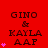 Red background displays repeated text "GINO & KAYLA AAF" with pink heart icons varying in quantity per
