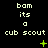 Pixelated text displays 'bam its a cub scout' in light green on black background with animated green symbols changing position.