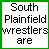 white with green borders displaying black text phrases about South Plainfield wrestlers, including "hot," "gorgeous," "sexy," "fine," "awesome wrestlers," "strong," "nice assed," "nice bodied," "beautiful," "don't be jealous because," "you can't have them!," and "okay, be jealous!"