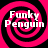 Four identical display a pink and black spiral background with white text reading 'Funky Penguin' in each