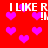 Red background with scattered pink hearts and repeated white text "I LIKE R!" in pixelated font.