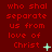 Red background with repeated red text 'who shall separate us from love of Christ' and small green plus or dot symbols in various positions.
