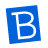 A static blue square icon with a white letter B on the left, and scattered gray pixelated text fragments on the right against a transparent background.