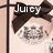 Pixelated image of a character with dark hair styled in two large buns, wearing a white top with a circular pattern, and the word "Juicy" in white text above the head.