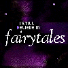 Purple and black animated icon with 'I STILL BELIEVE IN fairytales' text, floating pixelated hearts and crosses changing position across frames.