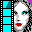 Pixelated filmstrip-style icon with cyan and teal frames, featuring a woman's face in three color variations and a small inset photo of her in white clothing.