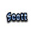 Pixelated text 'Scott' in blue and black with white highlights on a white background.