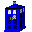 Two pixelated blue police box icons with white checkered windows and yellow accents, side-by-side on gray background.
