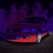 Pixelated image of a red and blue vehicle on dark ground with purple smoke, surrounded by red text elements.