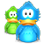 Two pixelated cartoon characters with large eyes and orange beaks stand side-by-side against a gray background.
