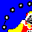 Pixelated clown figure in red and yellow outfit with white face paint, black eyes, purple lips, jester hat, holding a gray object against blue background with floating circular shapes.