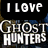 Four- with text overlays: top-left 'I LOVE GHOST HUNTERS', top-right 'Grant' over a man, bottom-left 'Jay' over a bald man, bottom-right 'This Show Rocks' with red heart