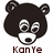 Pixelated cartoon bear head with large round eyes, dark brown fur, and white muzzle; text 'Kanye' below in red-brown pixel font.