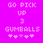 Pixelated text and symbols on a bright pink background with two identical side-by-side layouts showing 'GO PICK UP 3 GUMBALLS' above four star-like shapes.