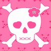 A white skull with pink heart-shaped eyes and a pink flower on its head, set against a pink background with small red crosses.