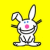 Pixelated white rabbit with blue eyes and pink nose sits against bright yellow background, displaying 'hi.' text above and below.