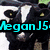 A pixelated image of a cow with black and white patches, featuring cyan text overlays reading "MeganJ5 Loves Cows" across the cow's face and body.