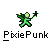 Pixelated green figure with wings and a wand, standing on a gray background beneath the text "PixiePunk" in blocky black-and-white lettering.