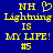 Yellow pixelated text on blue background reads 'NH' with heart symbol, 'Lightning', 'IS', 'MY LIFE!', and '#5'.