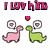Pixelated image with pink text 'I LUV him' above two dinosaurs facing each other, each with a thought bubble containing a heart and a small floating heart between them.