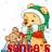 Animated pixel art of a bear in elf attire holding a teddy bear, with changing red text below.