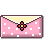 Pixel art contact sheet of an animated pink polka-dot envelope icon with floral and heart motifs, showing eight sequential frames of opening animation.