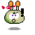Pixelated cartoon character with green body, orange antennae, and purple eyes in multiple poses showing facial expressions and color changes.