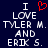 Dark blue background with white pixelated text reading "I LOVE TYLER M. AND ERIK S." and a red heart symbol above the word I.