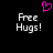 Pixelated text 'Free Hugs!' in white on black background with pink heart symbol above, two identical copies side-by-side.