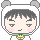 Pixel art contact sheet of two animated frames showing a chibi character with gray hair, pink cheeks, and green-and-gold collar in white hooded outfit against gray background.
