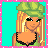 A 4-frame pixel art contact sheet showing a cartoon character named Katie with blonde hair, green beret, and blue jeans across different poses on a cyan background with pink border.