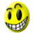 Two yellow circular smiley faces with black oval eyes, gray checkered teeth, and arched eyebrows, side-by-side on white background.
