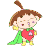 Pixelated cartoon character with brown hair in a ponytail, green cape, yellow boots, holding a red heart with a pink flower, eyes closed, mouth open, and a yellow star on the left hand.