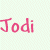 Static image of repeated pink text 'Jodi' on a light green background with subtle texture.