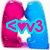 Pixelated icon with pink and blue rounded shapes framing a central cyan text element containing a heart symbol and '3' on a white background.