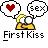 Pixelated icon shows a yellow cartoon character with large eyes, two speech bubbles containing a red heart and 'sex', and 'First Kiss' text below.