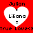 Red background with four white heart shapes containing text, each displaying 'Julian + Liliana = True Love<True Love<' in pixelated font.