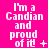 A bright pink background displays repeated white pixelated text 'I'm a Candian and proud of it' with varying small symbols next to the text