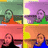 four pixelated images showing a person in various colored backgrounds with text elements