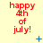 Red text 'happy 4th of july!' on light yellow background with scattered blue pixelated symbols.