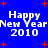Blue background with red starbursts and white text reading 'Happy New Year 2010' in four identical quadrants.