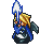 Pixel art character with blonde hair and blue armor holding a glowing sword, shown in multiple poses including standing and slashing motion.