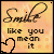 Animated contact sheet of six 50x50 pixel AIM buddy icons showing a smiling face with text "Smile like you mean it" and alternating heart symbols in orange, white, and black.