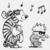 Pixelated grayscale animation shows two cartoon figures with musical notes floating above them, one larger figure standing upright and another smaller crouching below.
