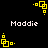Yellow pixelated square icon with small dots and lines rotates clockwise on black background, text 'Maddie' appears below in white pixels.