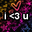 Pixelated icon with 'i <3 u' text over a dark background of pink, purple, and yellow star-like shapes.