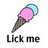 Pixelated static icon of a pink ice cream cone with blue topping and brown cone, positioned above black text reading "Lick me" on white background.